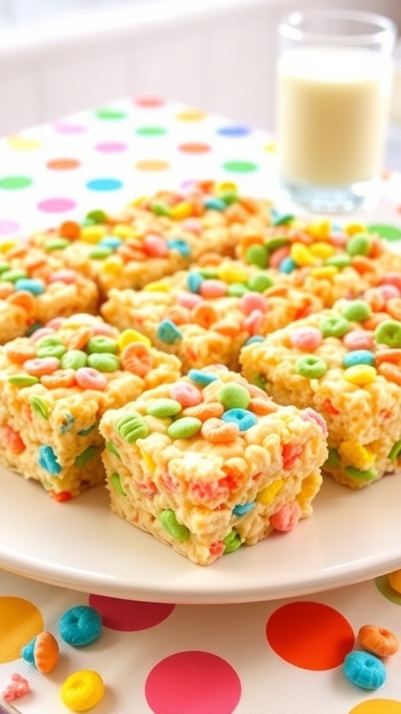 Fruity Pebbles Rice Crispy Treats Recipe Colorful Fruity Pebbles Rice Crispy Treats on a plate, with a glass of milk in a cheerful kitchen.